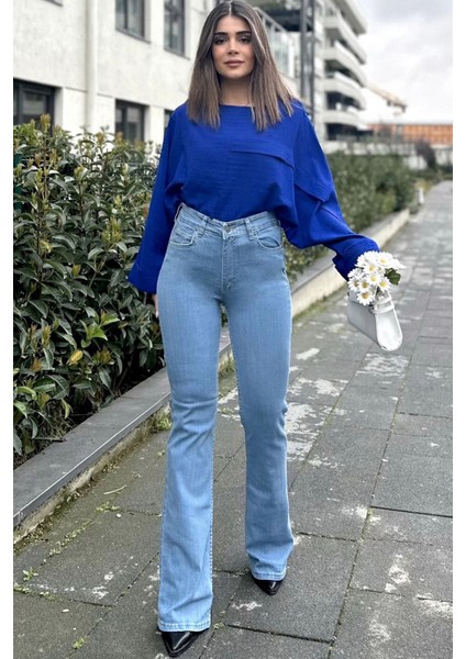 Kadın Mavi Yüksek Bel, Rahat Kesim, Bol Paça Kot Pantolon - Jeans fırsatları