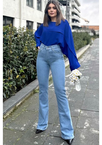 Kadın Mavi Yüksek Bel, Rahat Kesim, Bol Paça Kot Pantolon - Jeans indirimleri