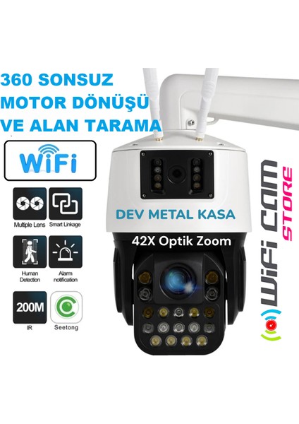 Çift Kameralı 42X Optik Zoom Dev Metal Kasa Wıfı Kamera 360 Sınırsız Motor ve Alan Tarama Özelliği