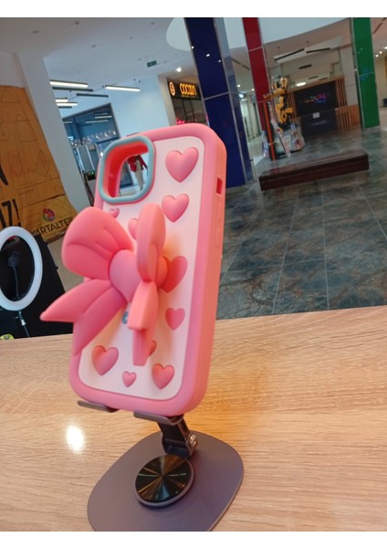iPhone 15 Uyumlu Pembe Renk Kurdele Tasarım Kılıf Kurdelesi Stand Olabilen Yumuşak Dokulu Kapak