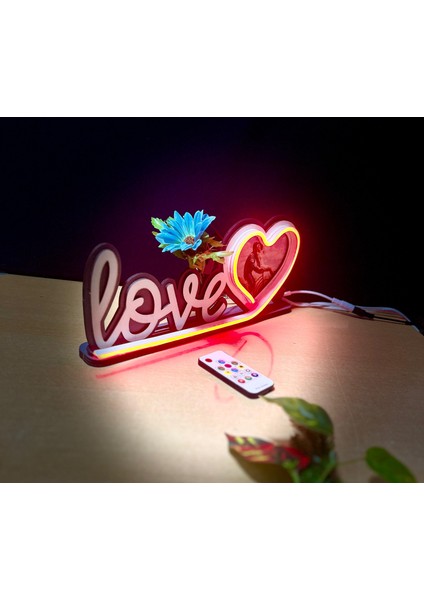 Love Yazılı Neon Ledli Kumandalı Sevgililer Günü Hediyesi Resim Konulabilir Tak Çalıştır Kumandalı