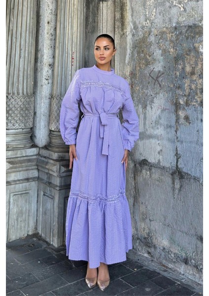 Lila Kuşaklı, Dantel Detaylı, Maksi Lotus Elbise indirimleri