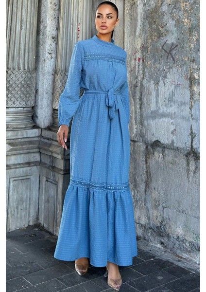 Indigo Kuşaklı, Dantel Detaylı, Maksi Lotus Elbise