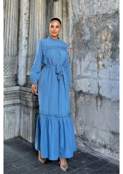 Indigo Kuşaklı, Dantel Detaylı, Maksi Lotus Elbise fiyatları