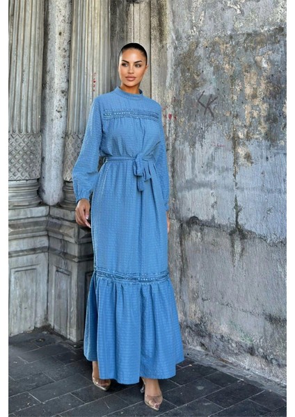 Indigo Kuşaklı, Dantel Detaylı, Maksi Lotus Elbise modelleri