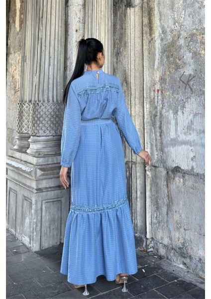 Indigo Kuşaklı, Dantel Detaylı, Maksi Lotus Elbise indirimleri