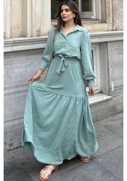 Kadın Mint Dokulu Kumaş, Beli Kuşaklı, Balon Kol, A Kesim, Vintage Maksi Elbise - Tesettüre Uygun