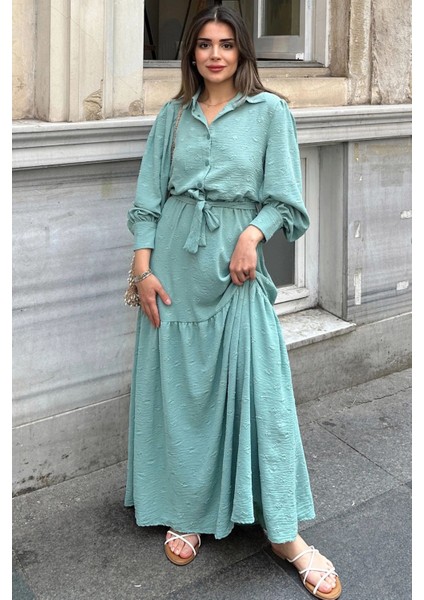 Kadın Mint Dokulu Kumaş, Beli Kuşaklı, Balon Kol, A Kesim, Vintage Maksi Elbise - Tesettüre Uygun fiyatları