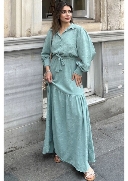 Kadın Mint Dokulu Kumaş, Beli Kuşaklı, Balon Kol, A Kesim, Vintage Maksi Elbise - Tesettüre Uygun modelleri