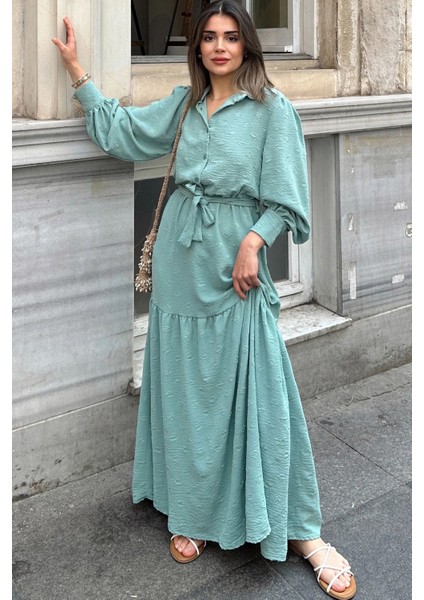 Kadın Mint Dokulu Kumaş, Beli Kuşaklı, Balon Kol, A Kesim, Vintage Maksi Elbise - Tesettüre Uygun fırsatları