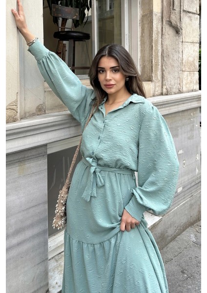 Kadın Mint Dokulu Kumaş, Beli Kuşaklı, Balon Kol, A Kesim, Vintage Maksi Elbise - Tesettüre Uygun indirimleri