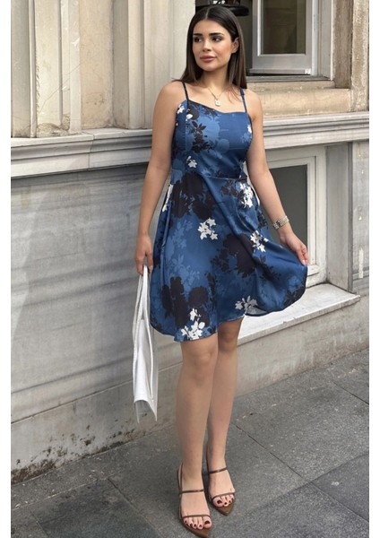 Kadın Mavi Ince Askılı, A Kesim, Gloplu Saten Kısa Abiye Elbise