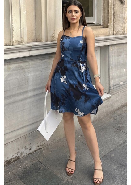 Kadın Mavi Ince Askılı, A Kesim, Gloplu Saten Kısa Abiye Elbise fırsatları