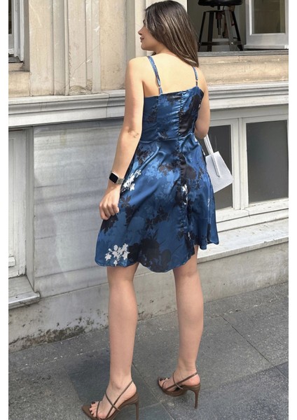 Kadın Mavi Ince Askılı, A Kesim, Gloplu Saten Kısa Abiye Elbise indirimleri