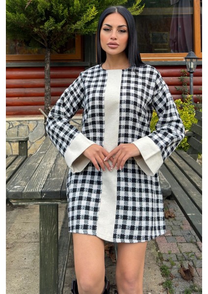 Siyah Kare Desenli Şanel Kumaş, Geniş Manşet Detaylı, Salaş Midi Elbise