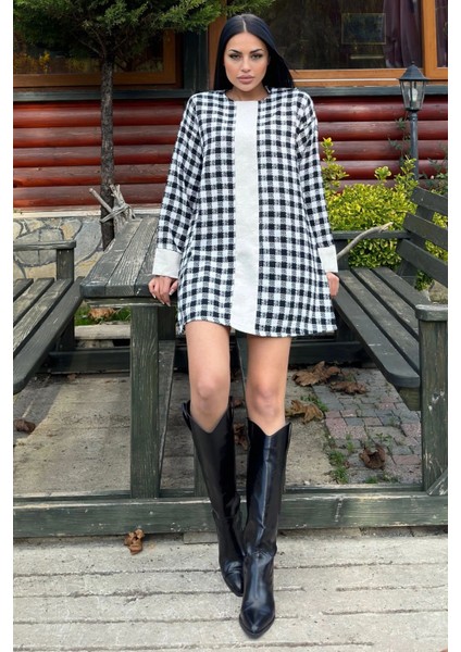 Siyah Kare Desenli Şanel Kumaş, Geniş Manşet Detaylı, Salaş Midi Elbise modelleri