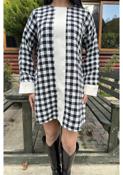 Siyah Kare Desenli Şanel Kumaş, Geniş Manşet Detaylı, Salaş Midi Elbise indirimleri