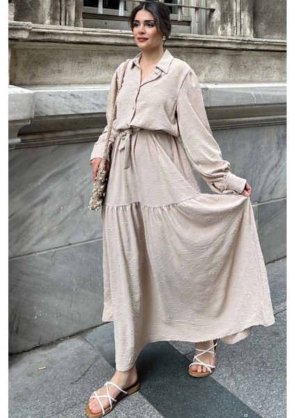 Kadın Bej Dokulu Kumaş, Beli Kuşaklı, Balon Kol, A Kesim, Vintage Maksi Elbise - Tesettüre Uygun modelleri