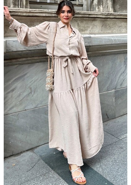 Kadın Bej Dokulu Kumaş, Beli Kuşaklı, Balon Kol, A Kesim, Vintage Maksi Elbise - Tesettüre Uygun indirimleri