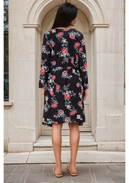 Siyah Kruvaze Yaka, Floral Desenli, Midi Elbise
