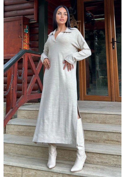 Bej Polo Yaka, Uzun Kol, Yırtmaçlı, Salaş, Akrilik Örme Uzun Elbise