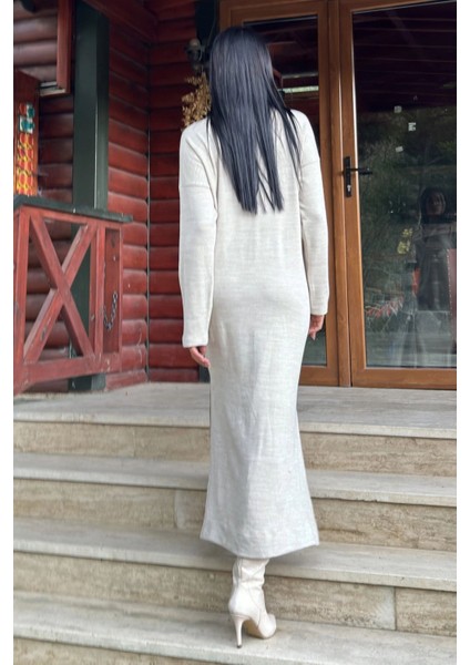 Bej Polo Yaka, Uzun Kol, Yırtmaçlı, Salaş, Akrilik Örme Uzun Elbise fiyatları