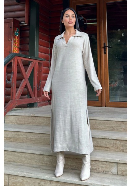 Bej Polo Yaka, Uzun Kol, Yırtmaçlı, Salaş, Akrilik Örme Uzun Elbise modelleri