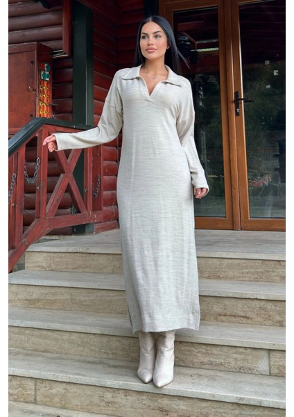 Bej Polo Yaka, Uzun Kol, Yırtmaçlı, Salaş, Akrilik Örme Uzun Elbise fırsatları