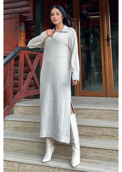 Bej Polo Yaka, Uzun Kol, Yırtmaçlı, Salaş, Akrilik Örme Uzun Elbise indirimleri