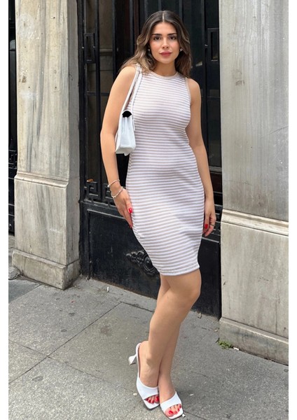 Kadın Bej Çizgili, Terletmez, Esnek Kaşkorse Kumaş, Sıfır Kol, Mini Basic Elbise indirimleri