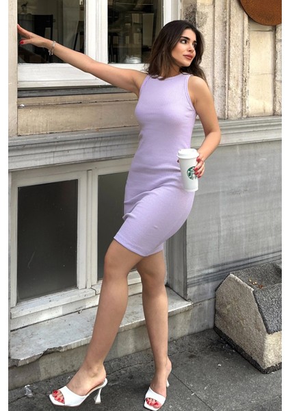 Kadın Lila Sıfır Kol, Terletmez, Esnek Kaşkorse Kumaş, Mini Basic Elbise