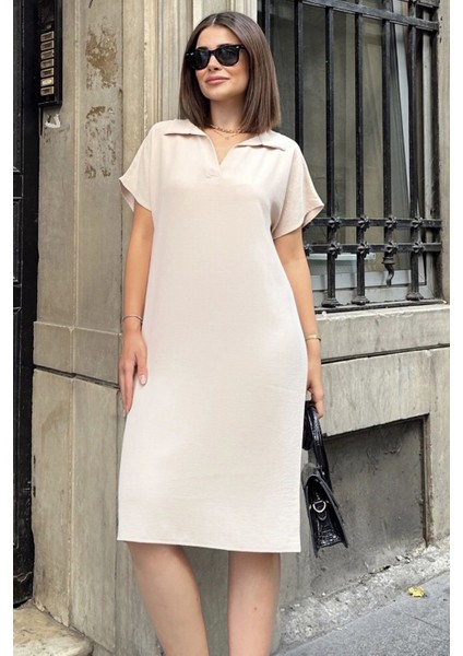 Bej Kısa Kol, Polo Yaka, Dokulu Kumaş, Basic Kalıp/kesim, Aerobin Rahat Midi Elbise