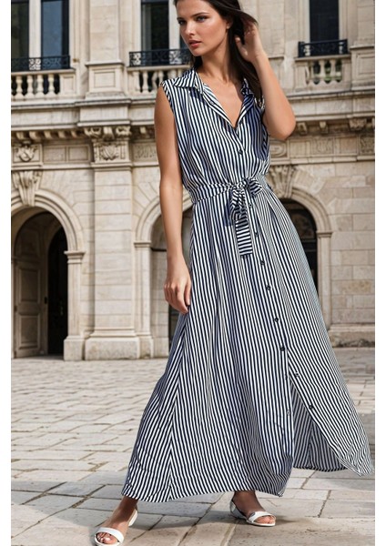Siyah Beyaz Çizgili, Kolsuz, Kuşak Detaylı, Maksi Boy Elbise
