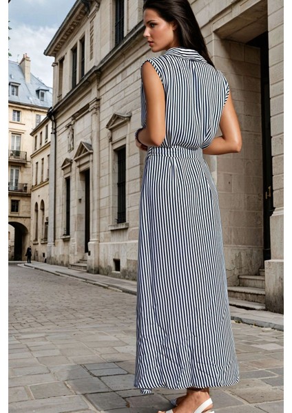 Siyah Beyaz Çizgili, Kolsuz, Kuşak Detaylı, Maksi Boy Elbise fiyatları