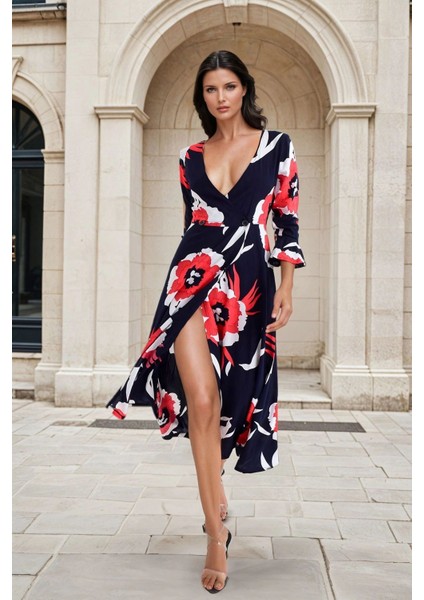 Lacivert Kırmızı Kruvaze Yaka, Çiçek Desenli, Truvakar Kol, Uzun Elbise