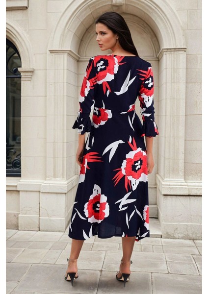 Lacivert Kırmızı Kruvaze Yaka, Çiçek Desenli, Truvakar Kol, Uzun Elbise fiyatları
