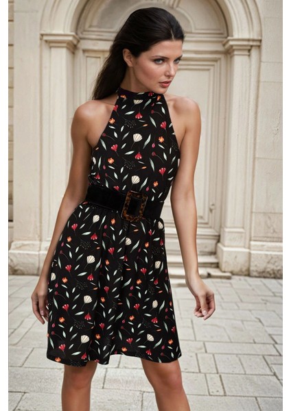Siyah Halter Yaka, Floral Desenli, A Kesim, Midi Elbise