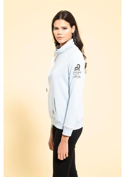 Yaka Kordon Detaylı Kanguru Cep Mavi Sweatshirt