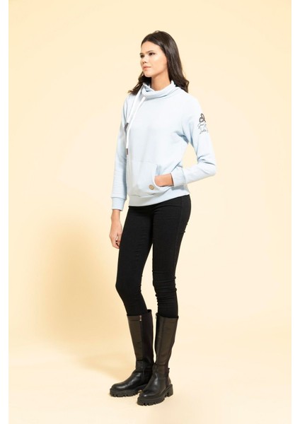 Yaka Kordon Detaylı Kanguru Cep Mavi Sweatshirt