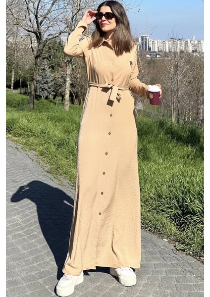 Kadın Bej Kupra Kumaş, Uzun Kol, Beli Kuşaklı, Vucüda Oturan Kalıp, Uzun Gömlek Elbise
