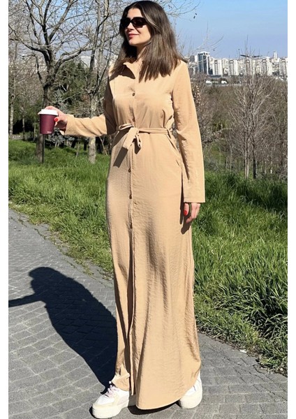 Kadın Bej Kupra Kumaş, Uzun Kol, Beli Kuşaklı, Vucüda Oturan Kalıp, Uzun Gömlek Elbise modelleri