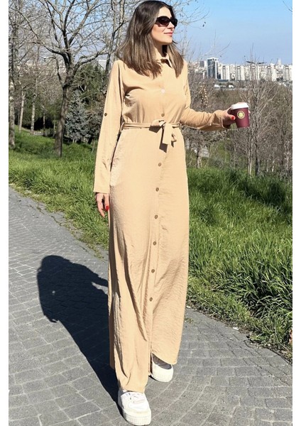 Kadın Bej Kupra Kumaş, Uzun Kol, Beli Kuşaklı, Vucüda Oturan Kalıp, Uzun Gömlek Elbise fırsatları