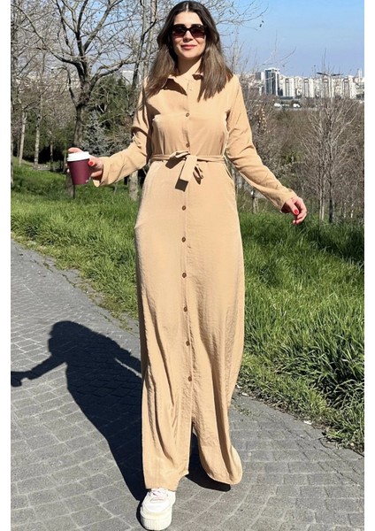 Kadın Bej Kupra Kumaş, Uzun Kol, Beli Kuşaklı, Vucüda Oturan Kalıp, Uzun Gömlek Elbise indirimleri