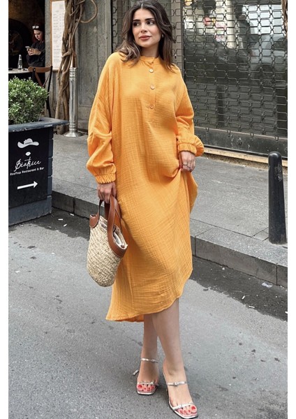 Kadın Hardal Balon Kol, Hakim Yaka, Terletmez Pamuklu, Ithal Müslin Kumaş, Uzun Salaş Elbise