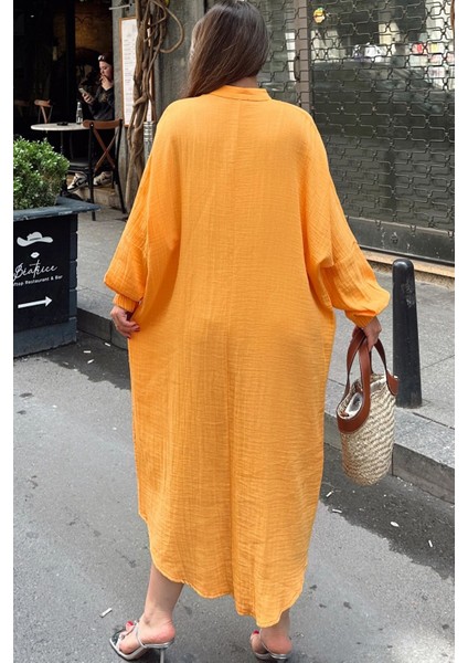 Kadın Hardal Balon Kol, Hakim Yaka, Terletmez Pamuklu, Ithal Müslin Kumaş, Uzun Salaş Elbise fiyatları