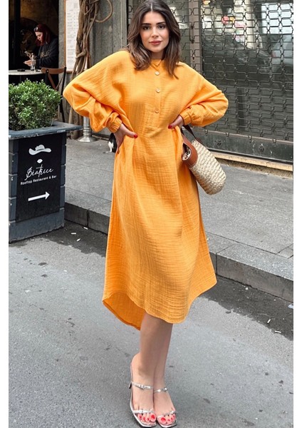 Kadın Hardal Balon Kol, Hakim Yaka, Terletmez Pamuklu, Ithal Müslin Kumaş, Uzun Salaş Elbise modelleri