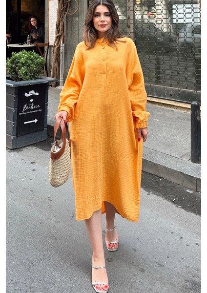 Kadın Hardal Balon Kol, Hakim Yaka, Terletmez Pamuklu, Ithal Müslin Kumaş, Uzun Salaş Elbise fırsatları