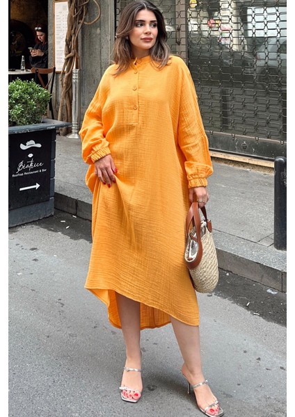 Kadın Hardal Balon Kol, Hakim Yaka, Terletmez Pamuklu, Ithal Müslin Kumaş, Uzun Salaş Elbise indirimleri