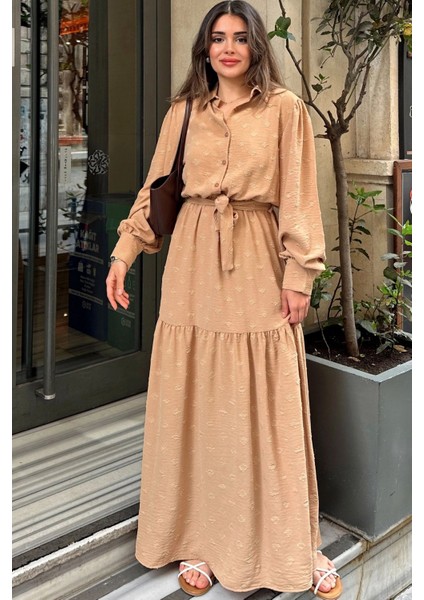 Kadın Camel Dokulu Kumaş, Beli Kuşaklı, Balon Kol, A Kesim, Vintage Maksi Elbise - Tesettüre Uygun
