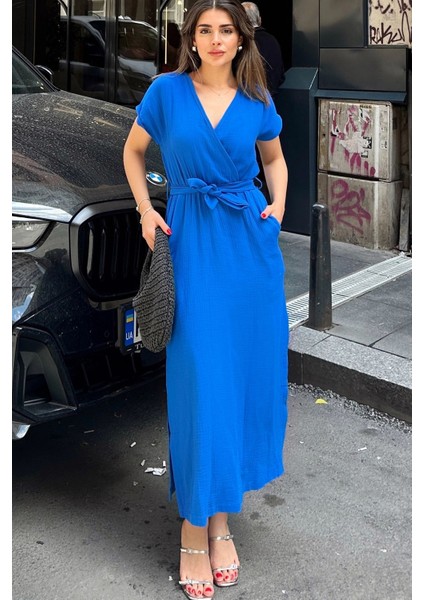 Saks Kruvaze Yaka,yırtmaçlı, Beli Kuşaklı, Terletmez, Pamuklu, Ithal Müslin Kumaş, Uzun Elbise